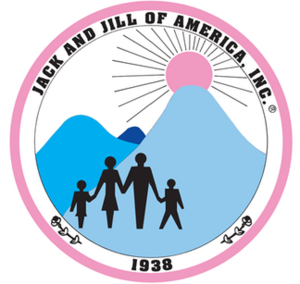 Blue mountains, four black stick figures, a pink sun, and two black flowers