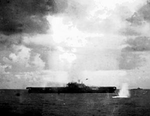 Japanese Nakajima B5N drops torpedo on USS Hornet (CV-8) on 26 October 1942