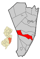 Map of Barnegat Township in Ocean County. Inset: Location of Ocean County highlighted in the State of New Jersey.