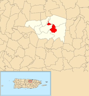 Location of Piñas within the municipality of Toa Alta shown in red
