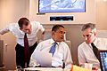 President Barack Obama confers about the Cairo speech with Denis McDonough and speechwriter Ben Rhodes on Air Force One en route to Cairo, Egypt, June 4, 2009