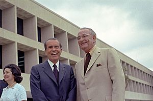 President Richard Nixon and former President Lyndon B. Johnson at the dedication of the LBJ Library, 1971