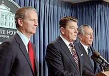 President Ronald Reagan making a statement to the press announcing the nomination of James Baker to be Secretary of the Treasury and the appointment of Donald Regan as Chief of Staff