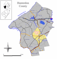 Map of Raritan Township in Hunterdon County. Inset: Location of Hunterdon County highlighted in the State of New Jersey.
