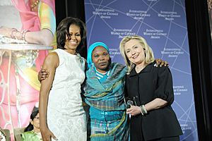 Secretary Clinton and First Lady Obama With 2012 IWOC Award Winner Hawa Abdallah Mohammed Salih of Sudan (6967041193)