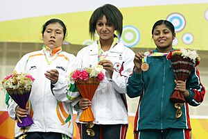 Smith Zoe, England-gold, Laxmi N, India-silver and Akther Fayema, Bangladesh-bronze in weight lifting-Clean & Jerk, at the 3rd Commonwealth Youth Games-2008, in Pune on October 14, 2008