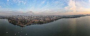 The coastline of Hangzhou's West Lake during sunset. December 2023