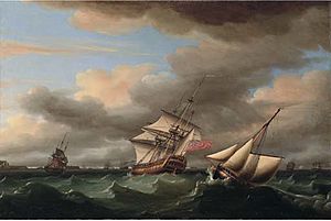 Thomas Whitcombe - H.M.S. Crown and her squadron running up the Channel towards Deal where other ships of the fleet are anchored offshore CKS 2005
