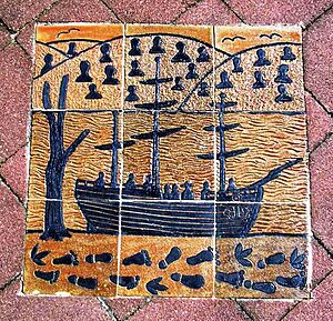 Tile on street depictng HMB Endeavour. Cooktown. 2005