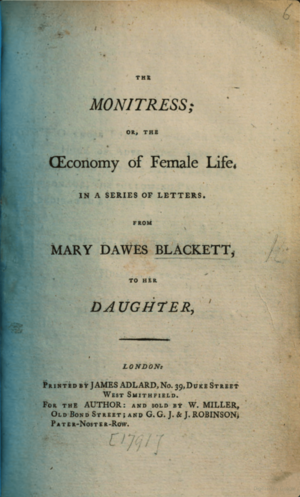 Title page Mary Dawes Blackett The mointress 1791