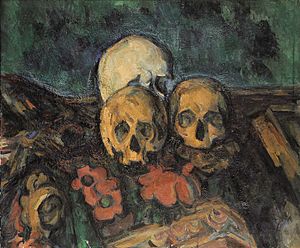 Trois crânes sur un tapis d'Orient, par Paul Cézanne, 1904