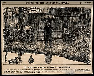 A depressive man standing by a country pond in the pouring r Wellcome V0011388