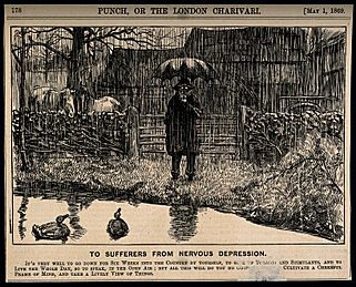 A depressive man standing by a country pond in the pouring r Wellcome V0011388