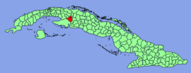 Agramonte (black dot) within the  municipality of Jagüey Grande (red) and Cuba