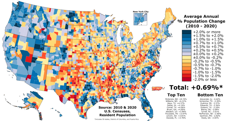 Annual population growth in the U.S. by county - 2010s
