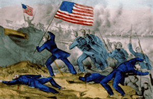 Currier and Ives print showing a group of blue-clad infantrymen charging a mound from which projects the mouth of a Confederate cannon. Two soldiers lie on the ground, presumably dead; a third is falling backward as if shot, still clutching his rifle. The most prominent feature is a standing soldier near the center, bearing an American flag. Other soldiers are shown to his right. In the distance is another American flag that is being waved from the top of the mound by a figure seen only in outline.