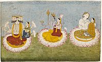 Brahma, Vishnu and Shiva seated on lotuses with their consorts, ca1770