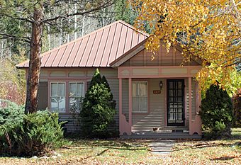 A one-story tan and pink house with a pyramidal beige roof in a wooded setting. The trees in front have yellow autumn leaves