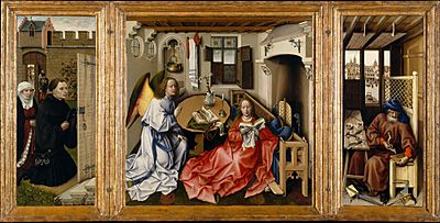 Robert Campin - Triptych with the Annunciation, known as the "Merode Altarpiece" - Google Art Project