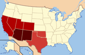 Though regional definitions vary from source to source, Arizona and New Mexico (in dark red) are almost always considered the core, modern-day Southwest. The brighter red and striped states may or may not be considered part of this region. The brighter red states (California, Colorado, Nevada, and Utah) are also classified as part of the West by the U.S. Census Bureau, though the striped states are not (Oklahoma and Texas).