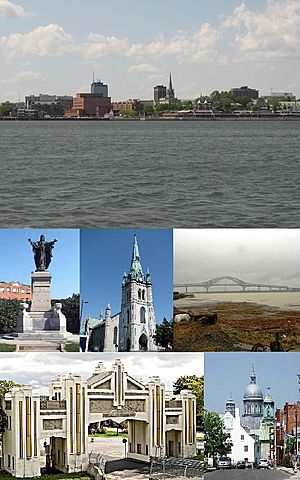From top, left to right: Downtown Trois-Rivières from the St. Lawrence River, monument to Sacré-Coeur, Trois-Rivières Cathedral, Laviolette Bridge, Pacifique Du Plessis gate, Ursulines monastery