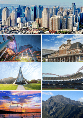 Clockwise from top: Taichung skyline, Taichung railway station, Taichung Intercontinental Baseball Stadium, Nanhu Mountain, Wind farm in Taichung, Luce Memorial Chapel, National Museum of Natural Science