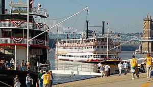 The Belle of Louisville docks next to the Natchez in Cincinnati for Tall Stacks 2006