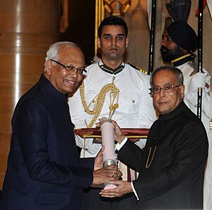 The President, Shri Pranab Mukherjee presenting the Padma Vibhushan Award to Dr. Raghunath Anant Mashelkar, at a Civil Investiture Ceremony, at Rashtrapati Bhavan, in New Delhi on March 31, 2014