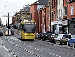 Tram on Union Street, Oldham, looking west, geograph-3808797-by-Alan-Murray-Rust