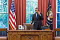 U.S. President Barack Obama talks on the telephone with Oklahoma Governor Mary Fallin following the 2013 Moore tornado