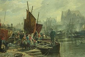 Unloading the Catch (Newhaven Harbour) by Sam Bough 1861