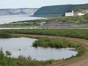 View over Churches and Shoreline - Hamlet of Tsiigehtchic - Near Inuvik - Northwest Territories - Canada