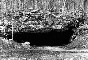 A black and white photo depicting a trail going into a cave opening, with trees on top of the cave.