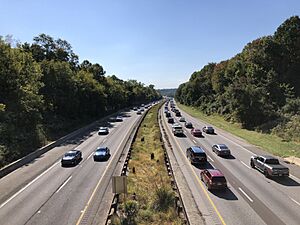 2022-10-07 14 31 02 View south along Interstate 476 (Mid-County Expressway-"Blue Route") from the overpass for Pennsylvania State Route 320 (Sproul Road) in Marple Township, Delaware County, Pennsylvania