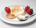 Bavarian cream, strawberries, caramel sauce, spoon