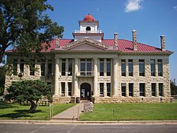 The Blanco County Courthouse of 1916 was the first permanent courthouse built after the county seat moved to Johnson City in 1890.