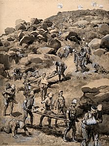 Boer War- removing the wounded after battle from Skion Kop. Brush and wash drawing by H.M.Paget, 1900. By courtesy of Wellcome Collection