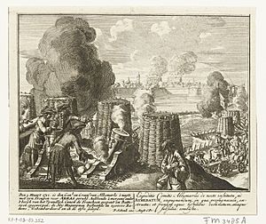 Bombardement van Arras, 1712 Den 3 Maart 1712, is den Genl. en Graaf van Albemarle 's nagts met zyn Troupen voor Arras gerukt (titel op object), RP-P-OB-83.352.jpg
