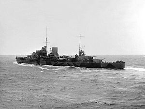 British light cruiser HMS Leander (75) underway at sea in 1945