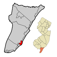 North Wildwood City highlighted in Cape May County. Inset map: Cape May County highlighted in the State of New Jersey.