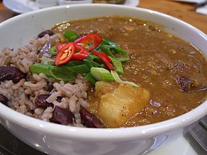 Curry Goat with rice and peas (in this case kidney beans)