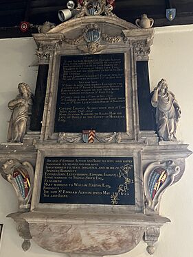 Full Altham Marble Monument with pilasters, pediment, urns, and angels