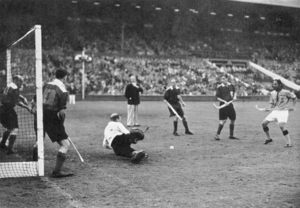 Hockey Final—India v. Great Britain at the Empire Stadium, Wembley, Thursday, August 12th. India scoring her third goal