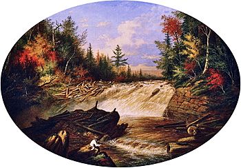 Image of a painting by Cornelius Krieghoff, showing one of the waterfalls along the Shawinigan