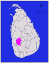 Area map of Kegalle District, roughly oval in shape is located to the south east of the centre of the country, in the Sabaragamuwa Province of Sri Lanka