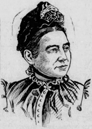 Drawing of a woman looking to her left. She has dark hair and Victorian-Era clothing (including a fancy hat).