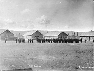 Military drills at Fort Selkirk, Yukon Territory, ca 1898 (HEGG 64)