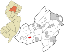 Location of Chester Borough in Morris County highlighted in red (right). Inset map: Location of Morris County in New Jersey highlighted in orange (left).