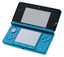 An open aqua-blue Nintendo 3DS system.