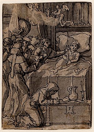 Pieter Coeck van Aelst - A dying bishop in bed with a group of monks